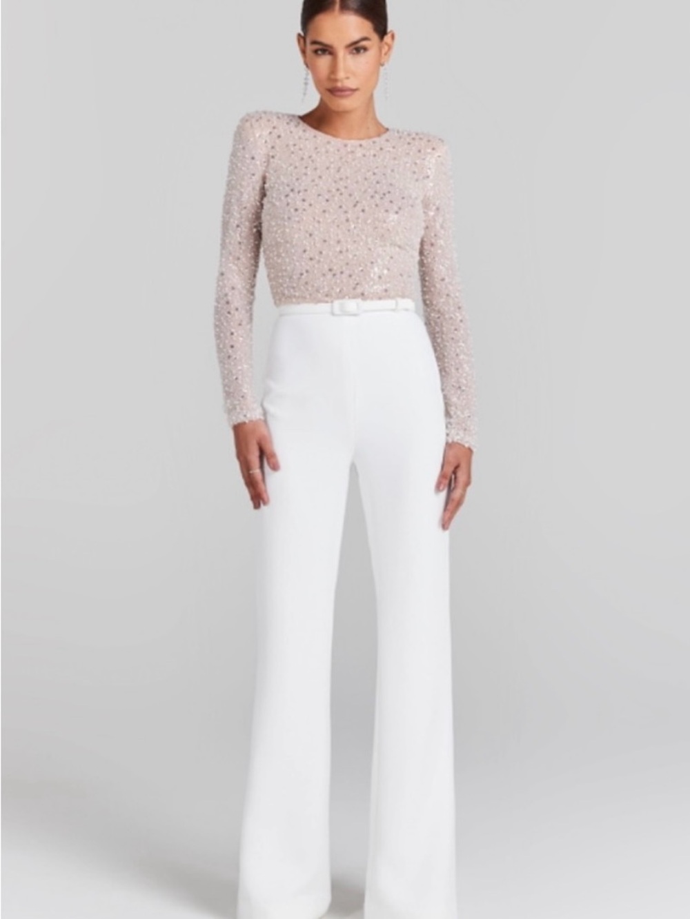 NADINE MERABI MISHA WHITE JUMPSUIT Sequin Top with High-Waist Wide-Leg